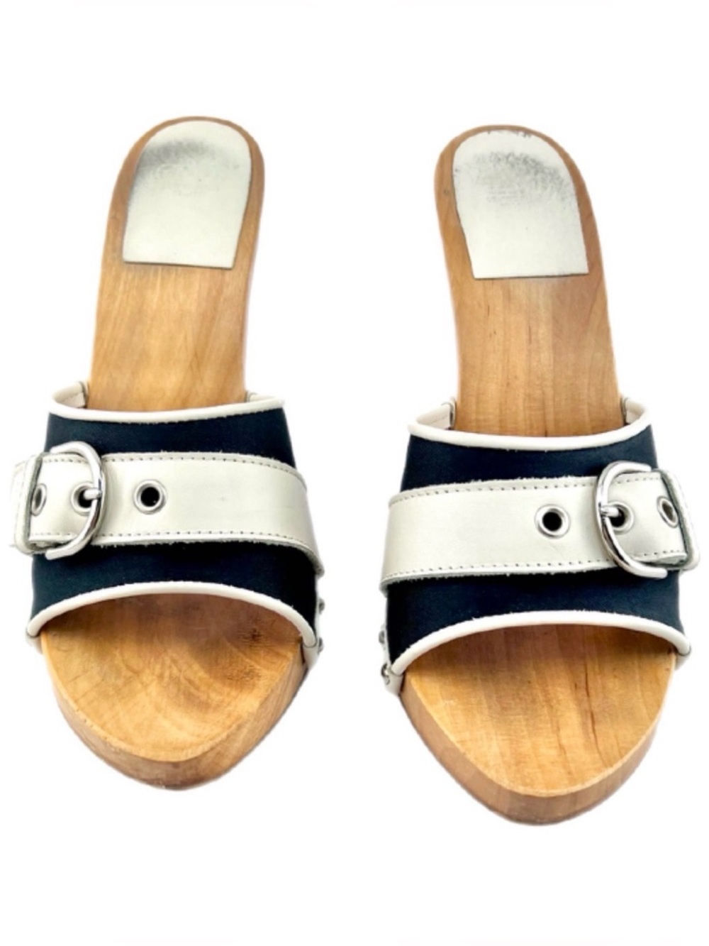 Coach Black and White Slide Clog Sandals with Silver Buckles